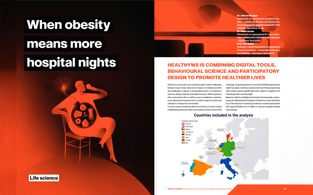 Magazine spread about the HealthyW8 obesity study, featuring an illustration of a seated person and a map of the eight European countries included in the analysis.